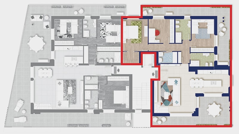 Posizione dell'attico N nel piano terzo della palazzina Ariston