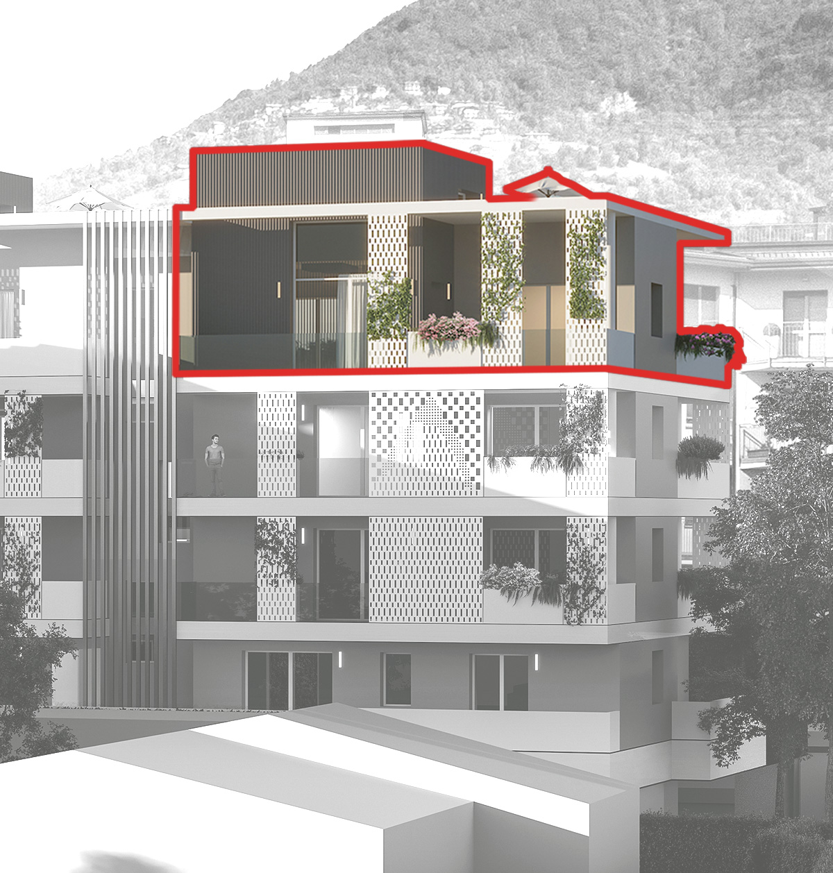 Posizione dell'attico N nel piano terzo della palazzina Ariston