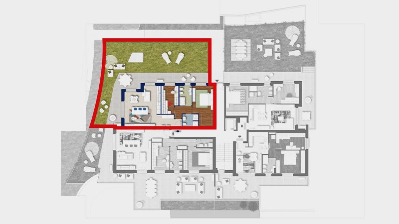 Posizione del trilocale A nel piano terra della palazzina Ariston