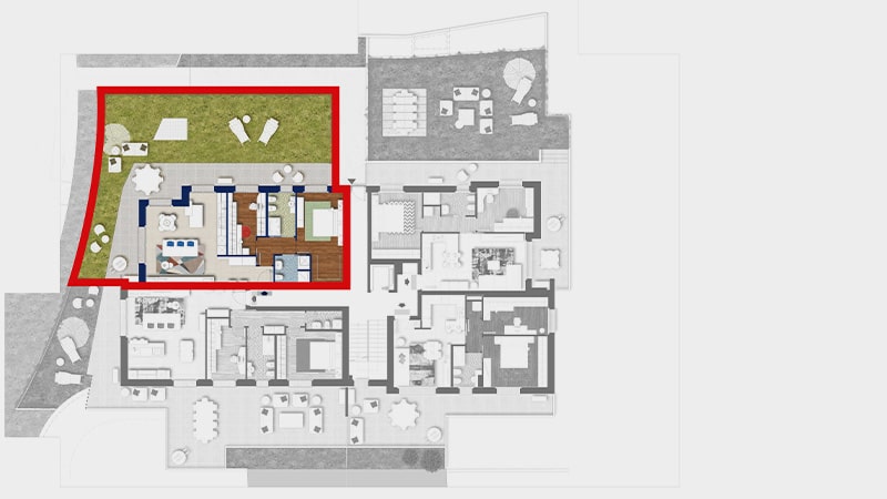 Posizione del trilocale A nel piano terra della palazzina Ariston