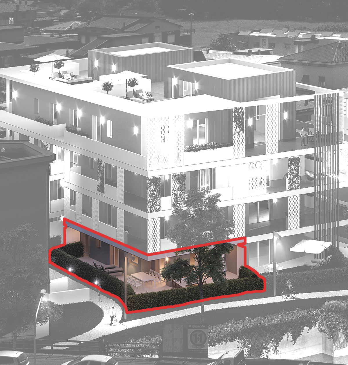 Posizione del trilocale A nel piano terra della palazzina Ariston