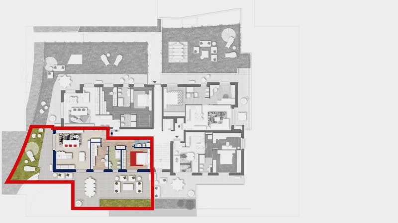 Posizione del trilocale B nel piano terra della palazzina Ariston