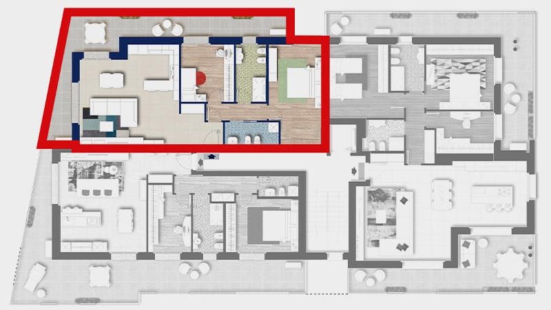 Posizione del trilocale E nel piano primo della palazzina Ariston