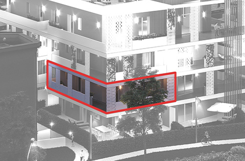 Posizione del trilocale E nel piano primo della palazzina Ariston