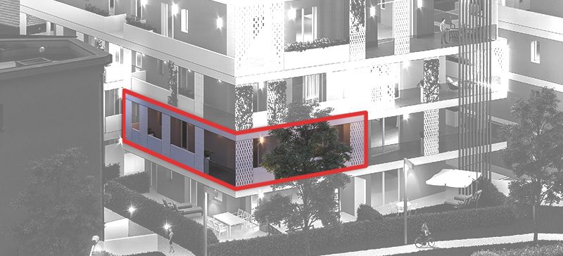 Posizione del trilocale E nel piano primo della palazzina Ariston
