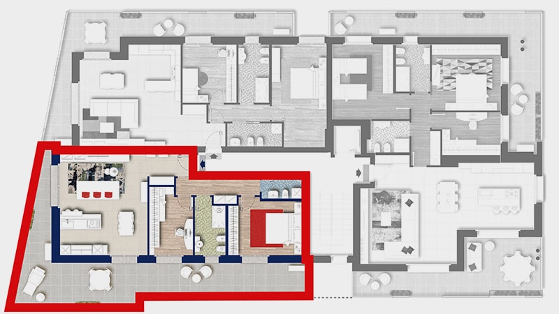 Posizione del trilocale F nel piano primo della palazzina Ariston